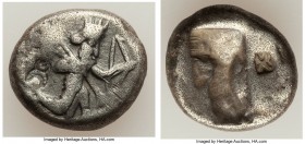 ACHAEMENID PERSIA. Ca. 5th century BC. AR siglos (17mm, 5.35 gm). Fine, countermarks. Sardes. Persian king or hero, wearing cidaris and candys, draper...