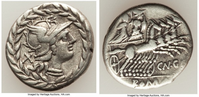 Cn. Gellius (ca. 138 BC). AR denarius (19mm, 3.78 gm, 2h). VF. Rome. Head of Rom...