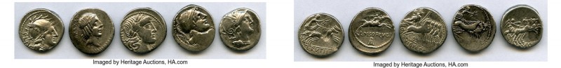 ANCIENT LOTS. Roman Republic. Lot of five (5) AR denarii. About VF-VF. Includes:...