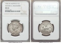 George V "Victoria & Melbourne" Florin 1934-1935 MS64 NGC, KM33. Issued in commemoration of the one hundredth anniversary of Victoria (1834) and the f...