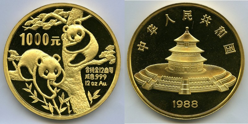 People's Republic gold Proof Panda 1000 Yuan (12 oz) 1988, KM191. Mintage: 1,650...