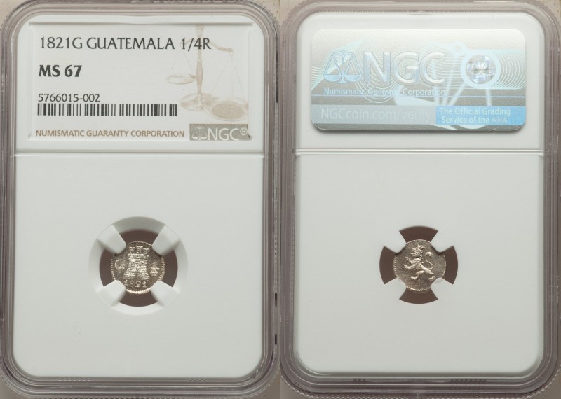 Ferdinand VII 1/4 Real 1821-G MS67 NGC, Nueva Guatemala mint, KM72. A brilliant ...