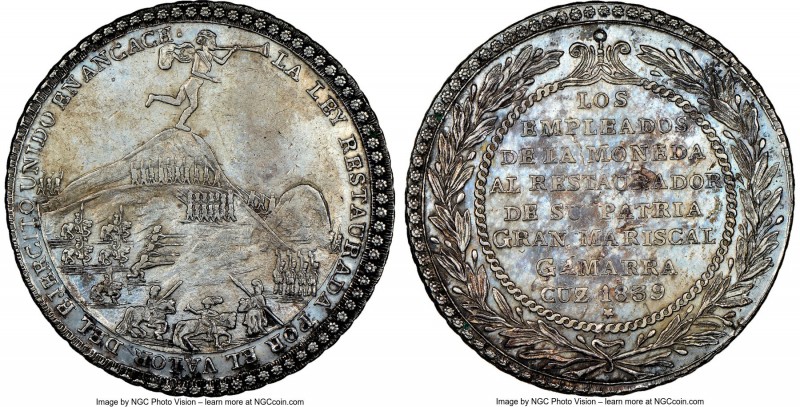 Republic silver "Battle of Yungay" Medal 1839 AU55 NGC, Fonrobert-9170. 32mm. Ex...