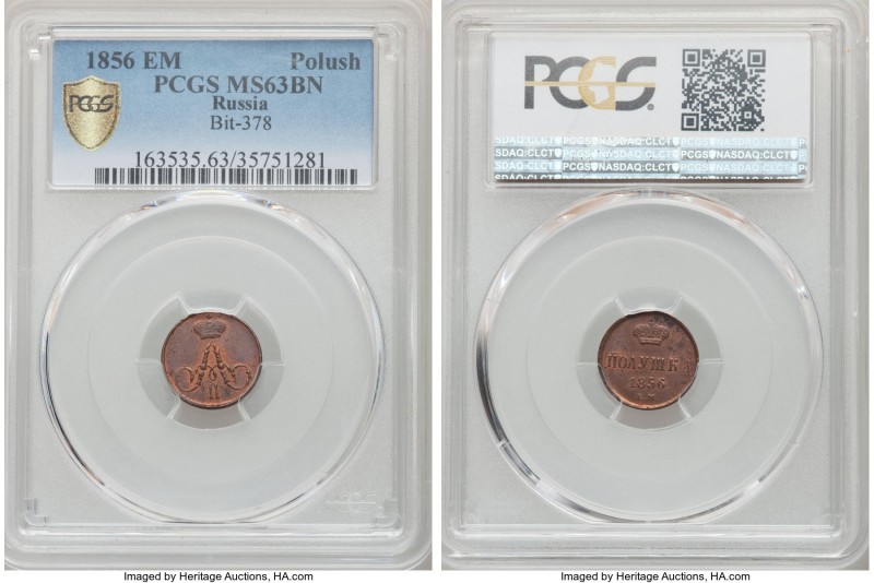 Alexander II Polushka 1856-EM MS63 Brown PCGS, KM-Y1.1, Bit-378. The last year o...