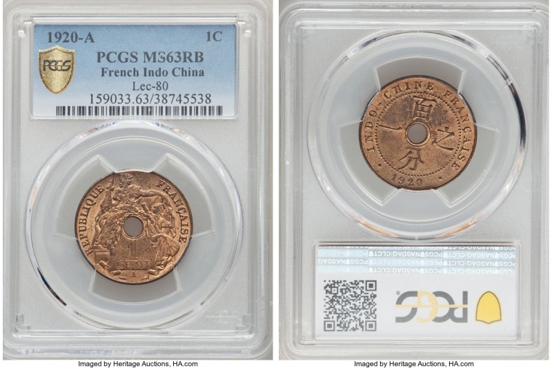Pair of Certified Issues PCGS, 1) French Indo-China: French Colony Cent 1920-A -...