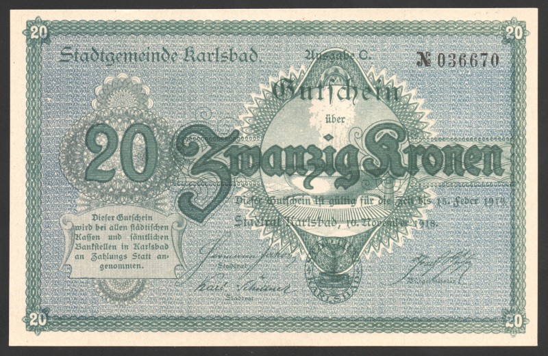 Czechoslovakia Karlsbad 20 Kronen 1918
№ 036670; UNC