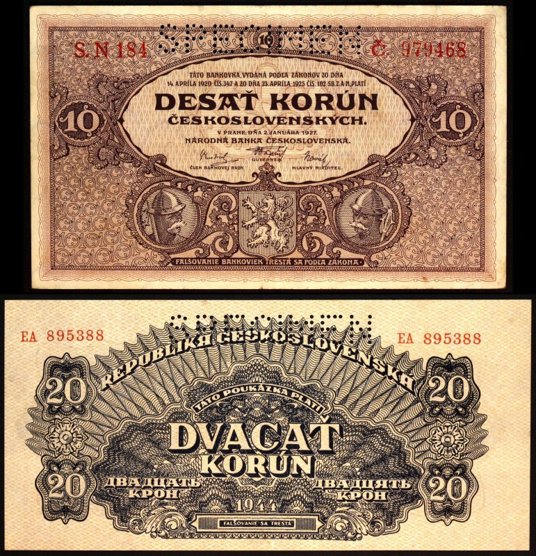Czechoslovakia Lot of 2 Banknotes 1927 & 1944 Specimen
10 Korun 1927 & 20 Korun...