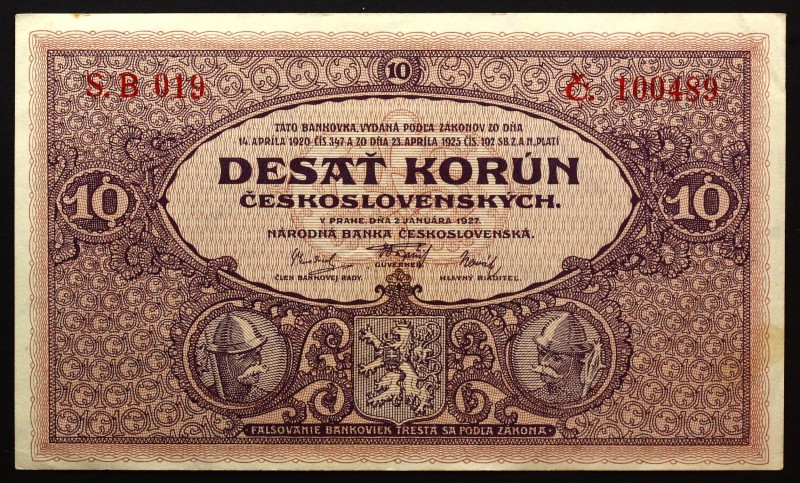 Czechoslovakia 10 Korun 1927
P# 20s; XF