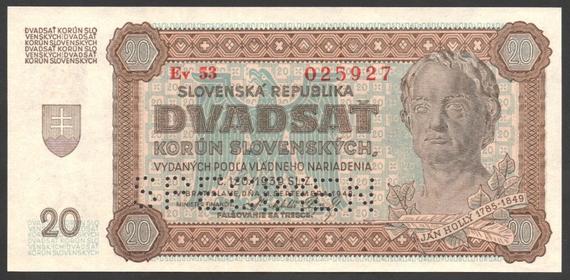 Slovakia 20 Korun 1939 Specimen
P# 7s; UNC; Specimen
