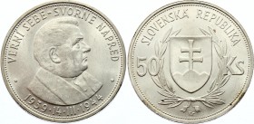 Slovakia 50 Korun 1944
KM# 10; Silver. Fifth Anniversary of the Slovak Republic 1944. UNC