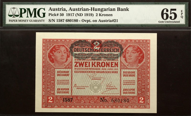 Austria 2 Kronen 1917 (1919) PMG 65
P# 50; # 1587 680180; Ovpt. on Austria # 21