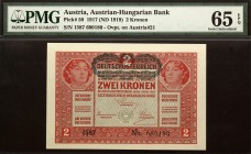 Austria 2 Kronen 1917 (1919) PMG 65
P# 50; # 1587 680180; Ovpt. on Austria # 21
