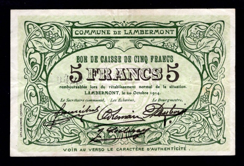 Belgium 5 Francs 1914
Commune De Lambermont;