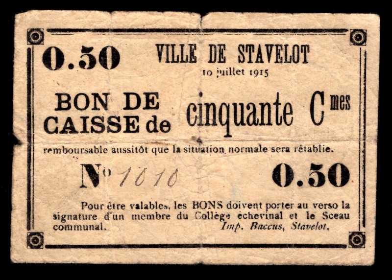Belgium 50 Centimes 1915
Ville De Stavelot;