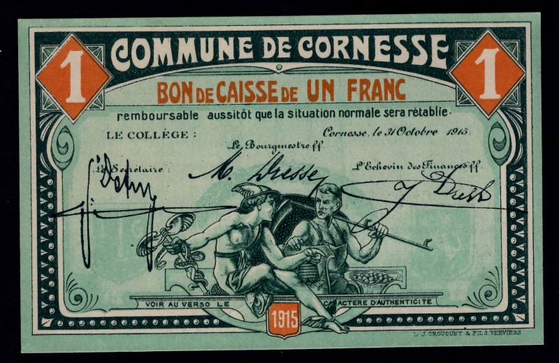 Belgium 1 Franc 1915
Commune De Cornesse; UNC