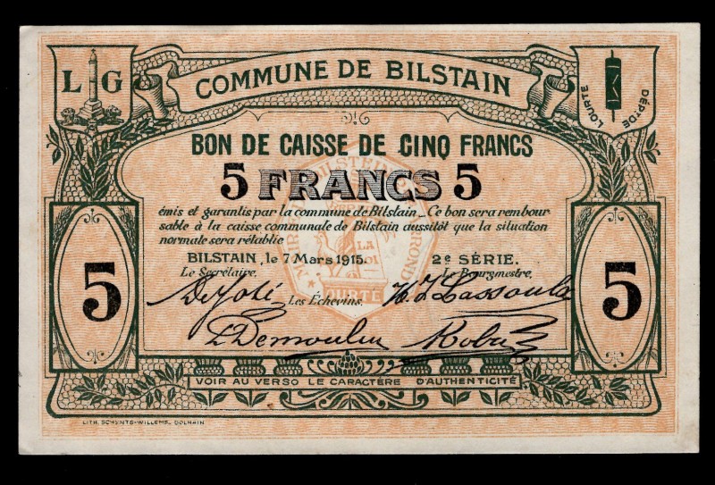Belgium 5 Francs 1915
Commune De Bilstain; UNC