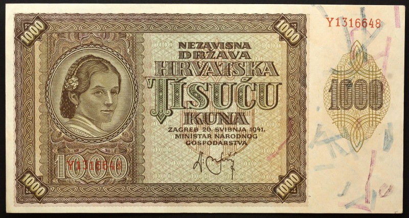 Croatia 1000 Kuna 1941
P# 4; AUNC, Crispy