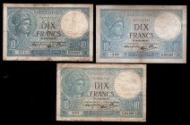 France 10 Francs 1939 - 1941
P84; 3 Pieces; Different dates; VF-XF