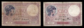 France Lot of 5 Francs 1921 - 1939
P72,83; 2 Pieces; Different dates; F-VF
