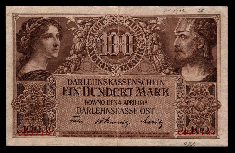 Germany Occupation of Kowno 100 Marks 1918 Rare
PR133; #0037187; VF-XF