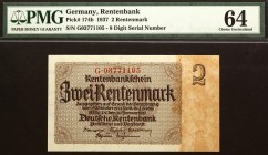 Germany 2 Rentenmark 1937 PMG 64
P# 174b; # G03771105; 8 Digit S/N