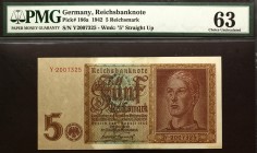 Germany 5 Reichsmark 1942 PMG 63
P# 186a; # Y2007325; Wkm: "5" Straight Up