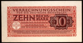 Germany - Third Reich 10 Reichsmark 1944
P# M40; VERRECHNUNGSSCHEINE FÜR DIE DEUTSCHE WEHRMACHT / CLEARING NOTES FOR GERMAN ARMED FORCES; UNC