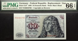 Germany 10 Mark 1980 PMG 66
P# 31d*; Wmk: Man's Head; # YE5084479C - Copyright on Rev.