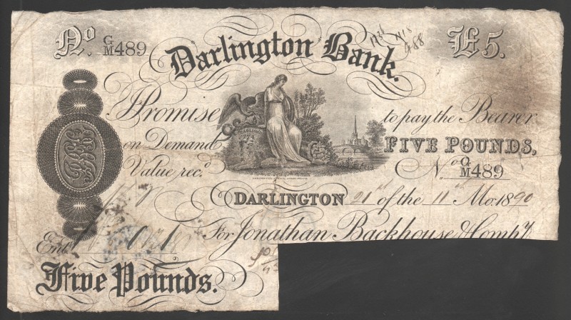 Great Britain Receipt of Darlington Bank 5 Pounds 1890 RARE
P# 374e; Sign.J.S.F...