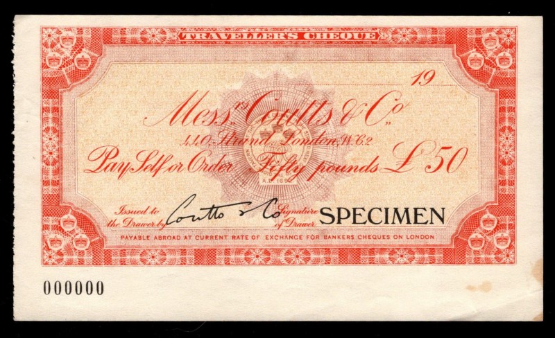 Great Britain Bank Coutts & Co 50 Pounds 1970 - 1980 Specimen
Travellers Cheque...