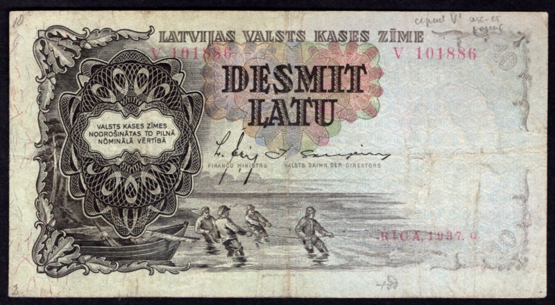 Latvia 10 Latu 1937
P# 29a; # V 101886