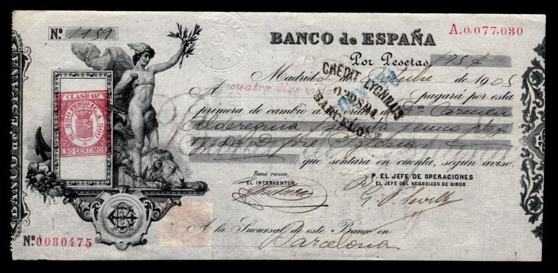 Spain Banco de Espana Cheque 1905 Rare
#0080475; AUNC