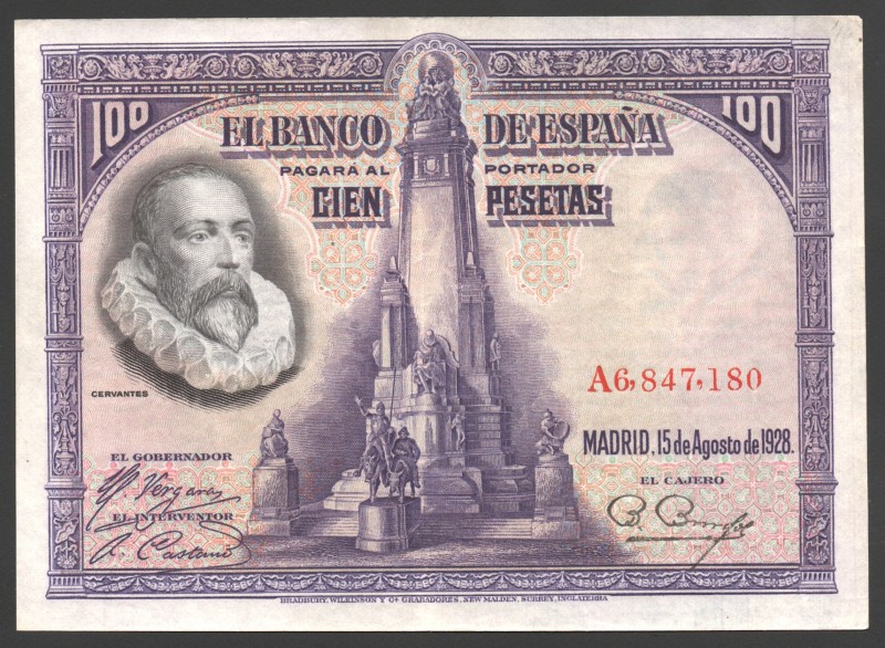 Spain 100 Pesetas 1928
P# 76a; № A6847180; Cripsy; XF