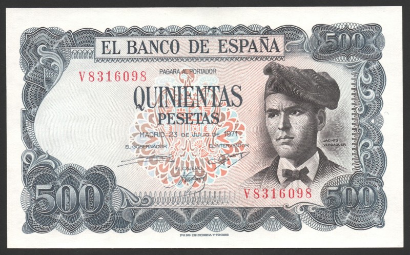 Spain 500 Pesetas 1971
P# 153; № V 8316098; UNC; "Jacinto Verdaguer"