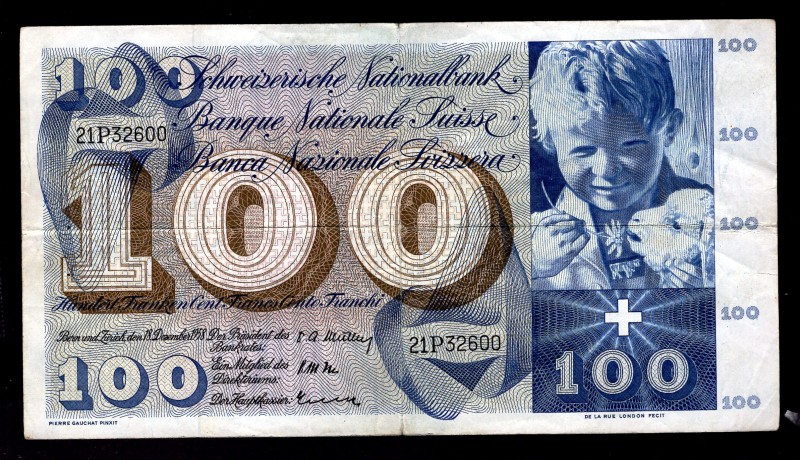 Switzerland 100 Franken 1958
P# 49c; VF, p/h