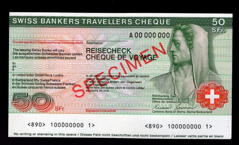 Switzerland 50 Swiss Franken (ND) Specimen
Swiss Bankers Travellers Cheque; UNC