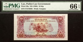 Lao 10 Kip 1968 (ND) PMG 66
P# 20a; # EY273036; Wmk: Temples