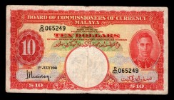 Malaya 10 Dollars 1941 Rare
P13; D/96 065249; VF