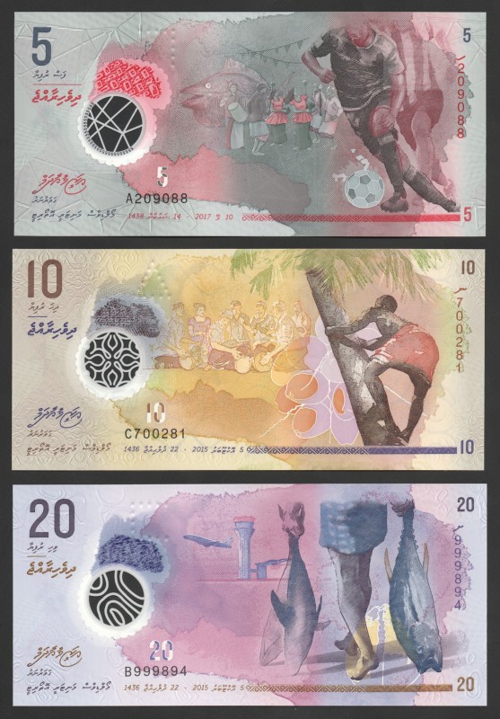 Maldives 5, 10, 20 Rufiyaa 2015 - 2017
P# 26A, 26, 27; UNC; Polymer; Set 3 Pcs