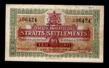 Straits Settlements 10 Cents 1919 Very Rare
P8b; A/38 06424; VF-XF