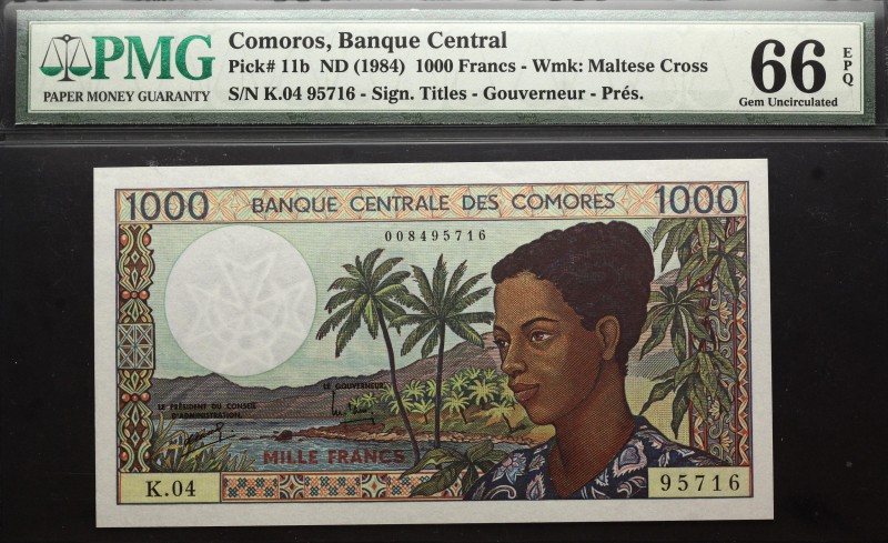 Comoros 1000 Fancs 1984 (ND) PMG 66
P# 11b; # K.04 95716; Wmk: Maltese Cross; S...