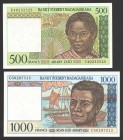 Madagascar 500 & 1000 Francs 1994
P# 75b, 76b; UNC; Set 2 Pcs