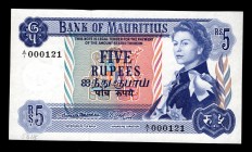 Mauritius 5 Rupees 1967 Rare
P30a; A/1 000121; first block of numbers!; UNC