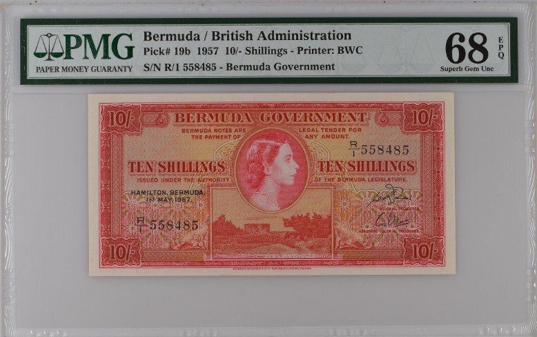 Bermuda 10 Shillings 1957 PMG68EPQ
P# 19b; Rare in 68 GRADE! SUPER GEM UNC! Onl...