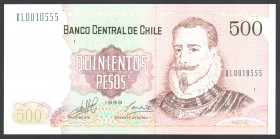 Chile 500 Pesos 1999
P# 153e; № KL 0010555; UNC; "Pedro de Valdivia"