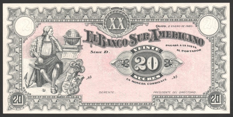 Ecuador 20 Sucres 1920
P# S253a; UNC; "Landing of Columbus"