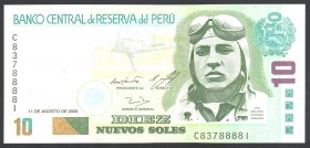 Peru 10 Nuevos Soles 2005 NUMBER 8888!
P# 179a; № C 8378888 I; UNC