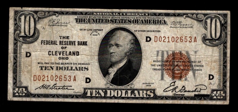 United States National Currency 10 Dollars 1929 Cleveland
P396D; D02102653A; VF