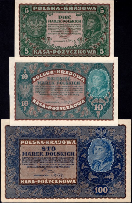 Poland Lot of 3 Banknotes 1919
5 10 100 Marek 1919; Crispy in Hands; XF/UNC