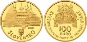Slovakia 100 Euro 2010
KM# 113; Gold (.900) 9.5g 26mm; Proof; UNESCO - Wooden Churches of the Slovak part of Carpathian Mountain Area